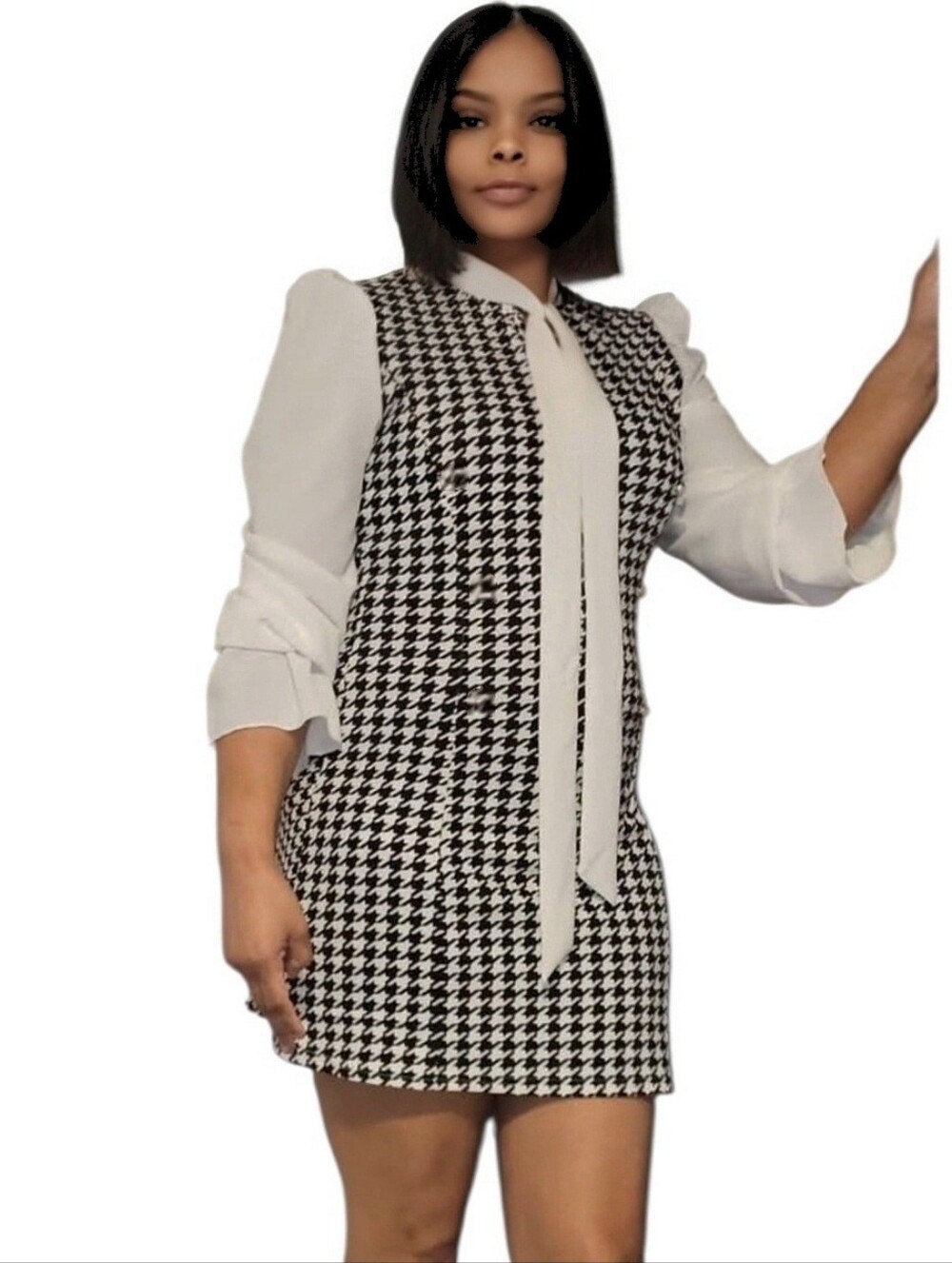 Houndstooth Shift Dress with White Tie Neck Sz.XL-XXL
